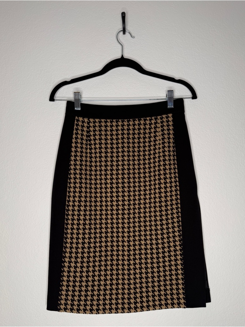 Akris Punto Houndstooth Skirt Black Tan Side Slit Lined Tailored Pencil Size 4